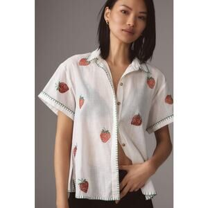 Anthropologie Maeve White Strawberry Whip Stitch Button Up Womens XX-Small